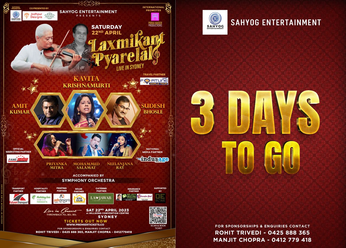 Sydney! Get ready to travel through time with Laxmikant-Pyarelal Live in Concert🎶 

Book your tickets here: premiertickets.co/event/laxmikan…

Last few tickets remaining! See you there 🎻✨