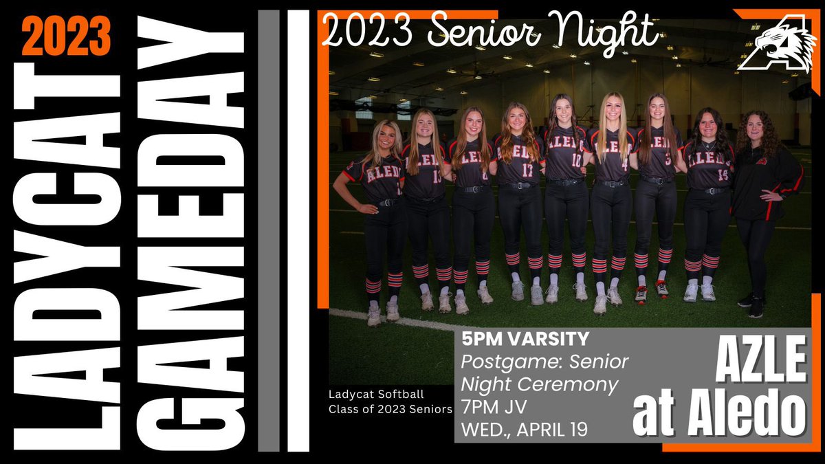 LadycatSoftbal1's tweet photo. It’s #ladycatsoftball GAMEDAY and 🎓SENIOR NIGHT! 🎓 Join us as we celebrate our 9 very special seniors! Varsity plays at 5PM with the Senior Celebration to follow!
⌚️ 5PM Varsity/Postgame Senior Celebration/7PM JV
📆 Wed. 4/19
📍Aledo

#playfortheA #Classof2023 https://t.co/j2etbc6S57