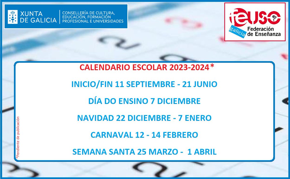 👩‍🏫 Calendario Escolar Galicia 2023-2024 👨‍🏫
Fechas principales. Pendiente de publicación en el DOG.
#Enseñanza #CalendarioEscolar #Galicia #FEUSO #FelizMiercoles