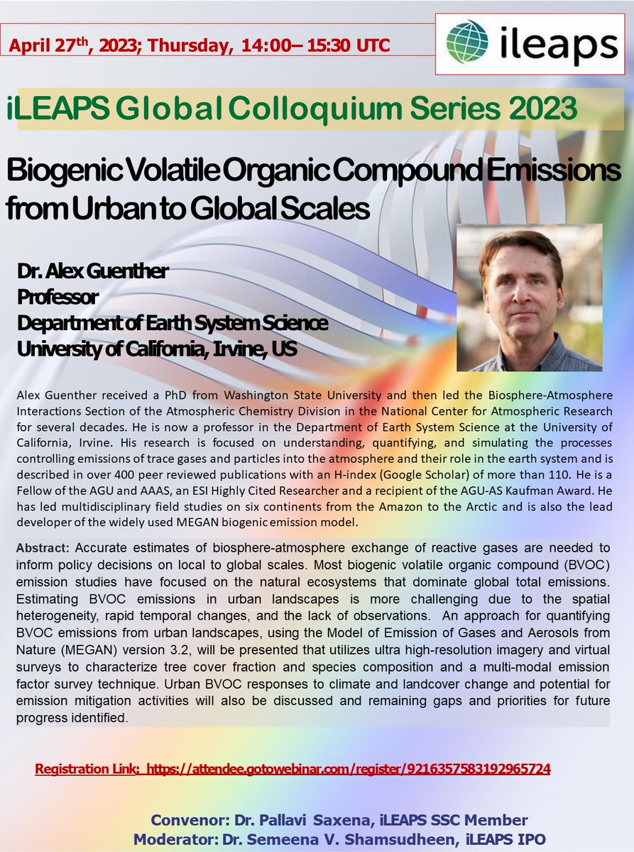 iLEAPS (@ileaps18) on Twitter photo Prof. Alex Guenther from University of California, Irvin is joining us this month to discuss his research on BVOC emissions.
Join the webinar: attendee.gotowebinar.com/register/92163…
<a href="/iLEAPS_ECSN/">iLEAPS Early Career Scientists</a> <a href="/IleapsA/">iLEAPS SE Asian & Pacific (iLEAPS-SEAP)</a> <a href="/FutureEarth/">Future Earth (@futureearth.bsky.social)</a> <a href="/IGACProject/">IGAC Project</a> <a href="/AIMES_IPO/">AIMES</a> <a href="/pallavienviron1/">Pallavi Saxena</a> @carBenPoulter <a href="/Sachin_Ghude/">Sachin Ghude</a> Prof. Alex Guenther from University of California, Irvin is joining us this month to discuss his research on BVOC emissions.
Join the webinar: attendee.gotowebinar.com/register/92163…
<a href="/iLEAPS_ECSN/">iLEAPS Early Career Scientists</a> <a href="/IleapsA/">iLEAPS SE Asian & Pacific (iLEAPS-SEAP)</a> <a href="/FutureEarth/">Future Earth (@futureearth.bsky.social)</a> <a href="/IGACProject/">IGAC Project</a> <a href="/AIMES_IPO/">AIMES</a> <a href="/pallavienviron1/">Pallavi Saxena</a> @carBenPoulter <a href="/Sachin_Ghude/">Sachin Ghude</a>