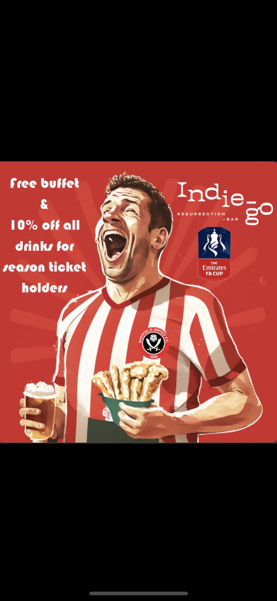 IGResurrection's tweet image. Not off to Wembley? Indie-go Resurrection is the place to watch the FA Cup semi final. 

10% off for all season ticket holders, a free buffet and unbeatable drinks deals. 

3 bottles of Budweiser or 2 cans of Red Stripe for only £5! 

#SUFC #twitterblades