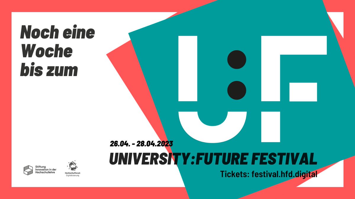 HFDdigital's tweet photo. Der Countdown läuft! In einer Woche, am 26.04, startet das #UFFestival 2023. Wir laden ein zu einem vielfältigen Programm mit über 300 Sessions zur Zukunft der Hochschullehre und mehr als 550 Speaker:innen.
Tickets: https://t.co/aed6pQcBlI
#DigitalTurn @inno_lehre https://t.co/afwPCNtqQW