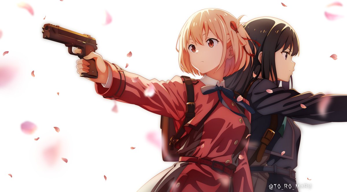 inoue takina ,nishikigi chisato multiple girls lycoris uniform 2girls weapon gun blonde hair ribbon  illustration images