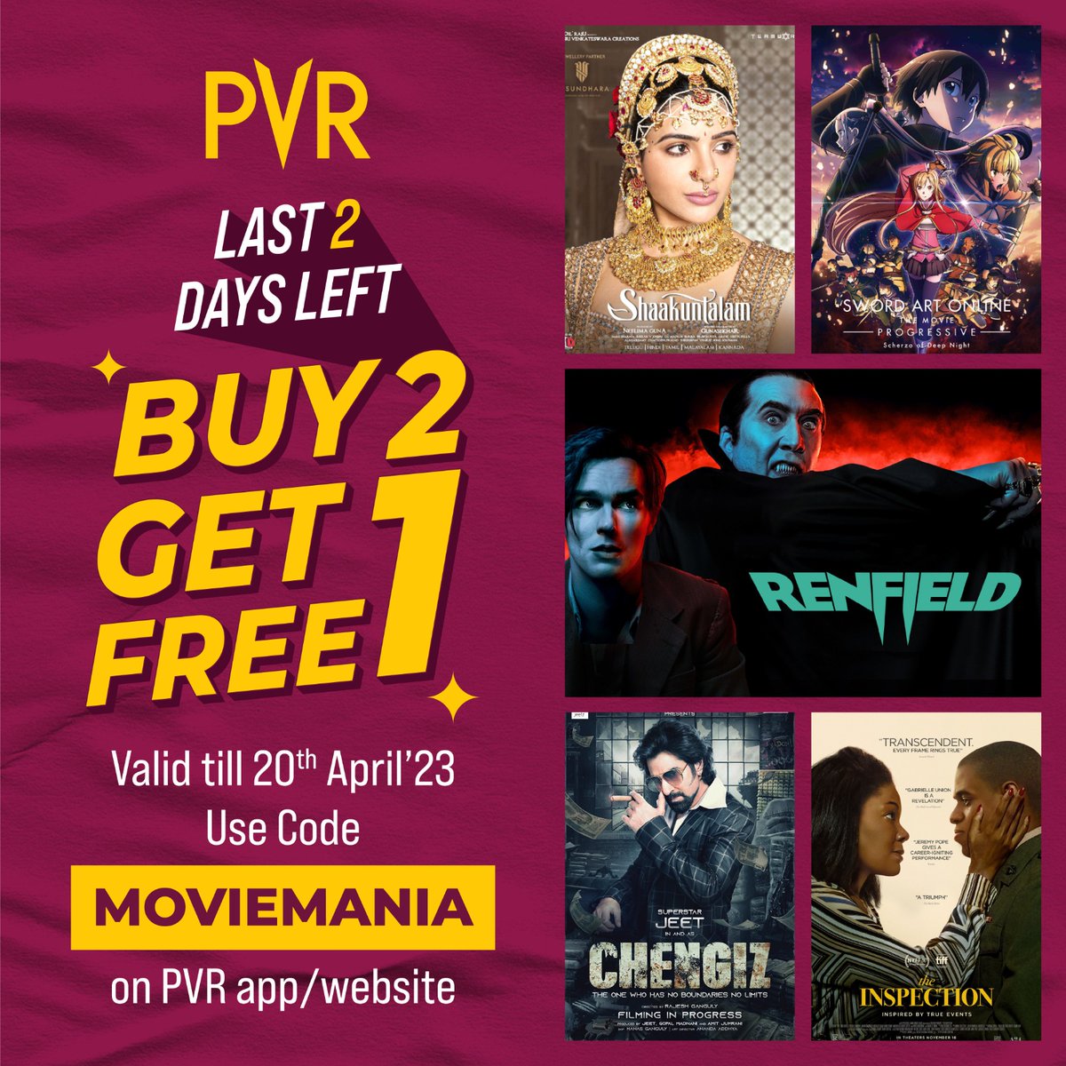 _PVRCinemas's tweet photo. The clock is ticking; only 2 days left for the PVR Movie-cation sale!
Buy 2 tickets & get 1 FREE, use code MOVIEMANIA while booking your tickets on the #PVRapp or website.
Hurry up! The offer is valid till 20th April’23 only.
Applicable to all movies, all days, & all shows. https://t.co/nJSHJaVQTc