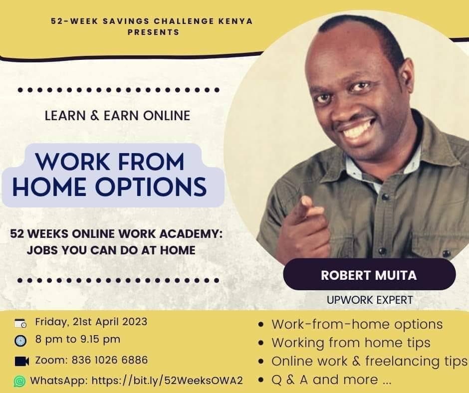 robertmuita's tweet photo. This Friday, the 21st of April at 8pm (EAT), I'll be sharing my experiences via a webinar on Work-From-Home opportunities within the online work industry. Join this webinar's WhatsApp group to get updates and discussion points. https://t.co/6sZNrqrKur https://t.co/7BR75ljTqM