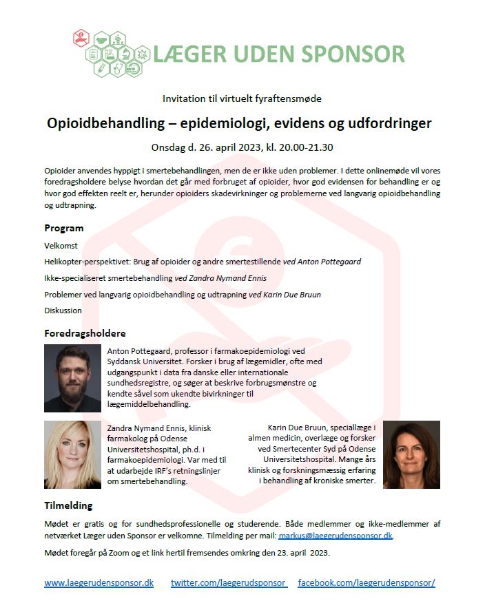 Fyraftens onlinemøde 26. april 2023 om "Opioidbehandling - epidemiologi, evidens og udfordringer". 👇