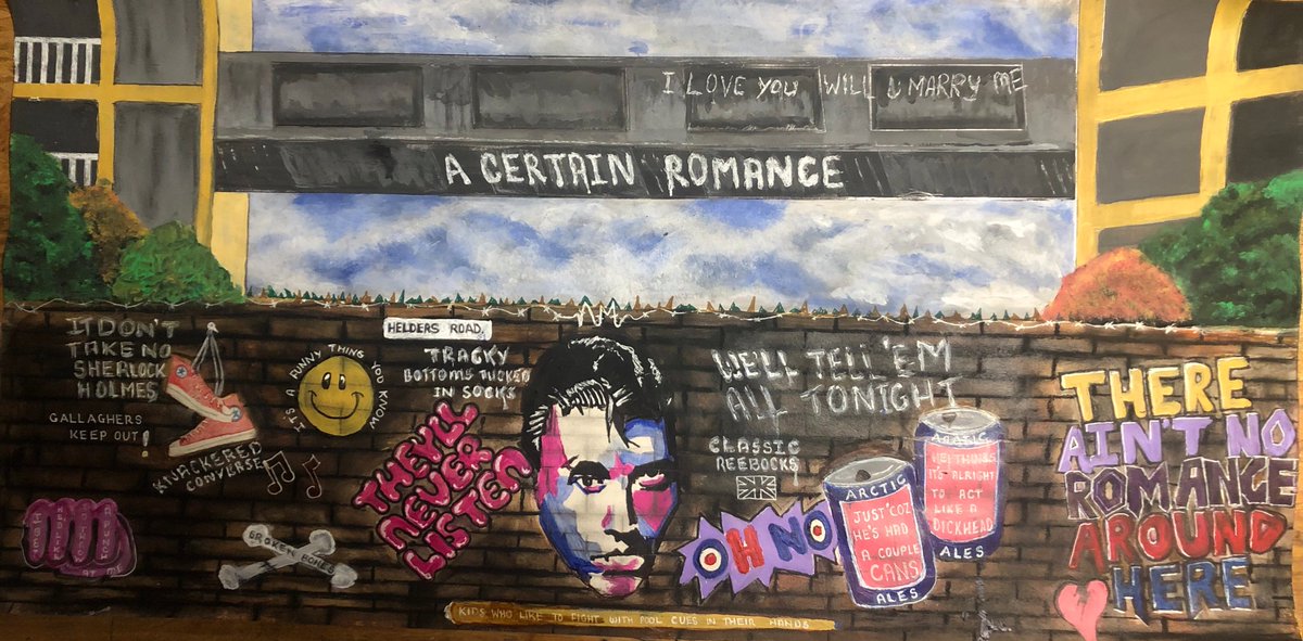 JanetHalmshaw's tweet photo. Arctic Monkeys painting - A Certain Romance by Paul Halmshaw. Selected lyrics written in graffiti with a backdrop of the famous Parkhill Bridge in Sheffield. Available in signed limited edition print, £50 plus postage. #alexturner #arcticmonkeys #Sheffield #parkhill #ART #NFT https://t.co/5p9Wlb8Lct