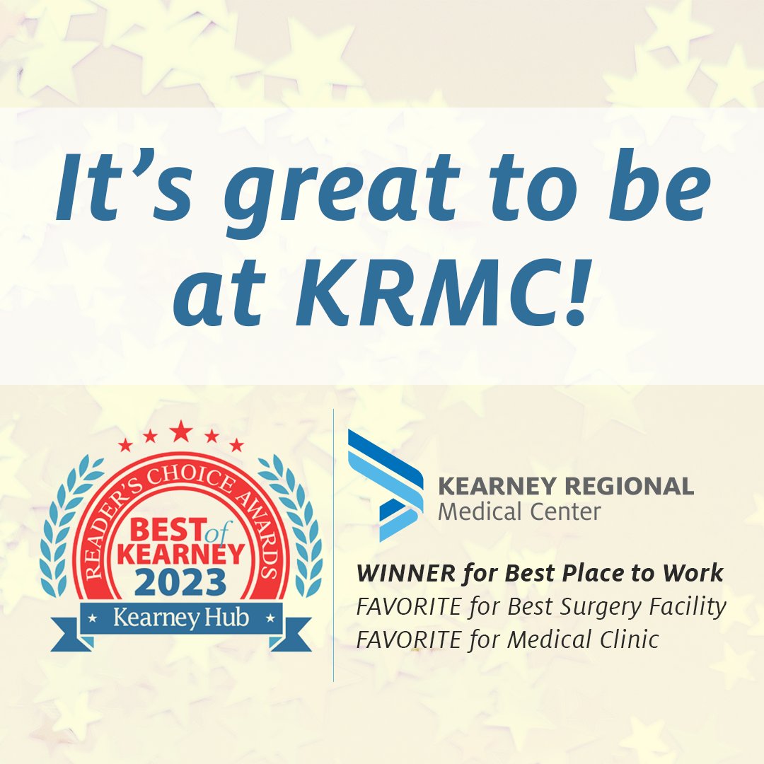 Kearney Regional Medical Center is the Best of Kearney 2023 WINNER for Best Place to Work and was awarded FAVORITE Medical Clinic and Surgery Facility.
Thanks to our team's dedication, hard work, and commitment.  

#TeamworkMakesTheDreamwork #OneTeamOnePurpose