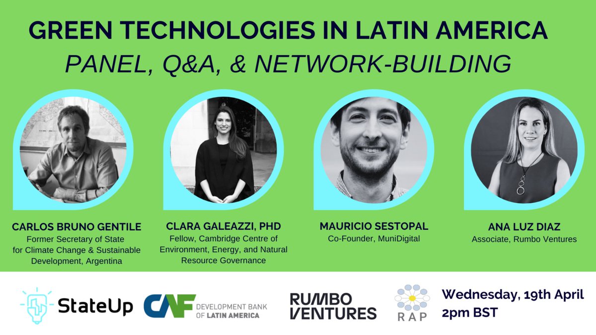 Happy #EarthWeek! <a href="/StateUpHQ/">StateUp</a>, <a href="/AgendaCAF/">CAF</a>, &amp; <a href="/RumboVentures/">Rumbo Ventures</a> are celebrating with a panel discussion on Green Technologies in Latin America. As the event is about to kick off, we are excited to see many of you joining us in Robinson College and online. Follow along at #GreenTechLAC