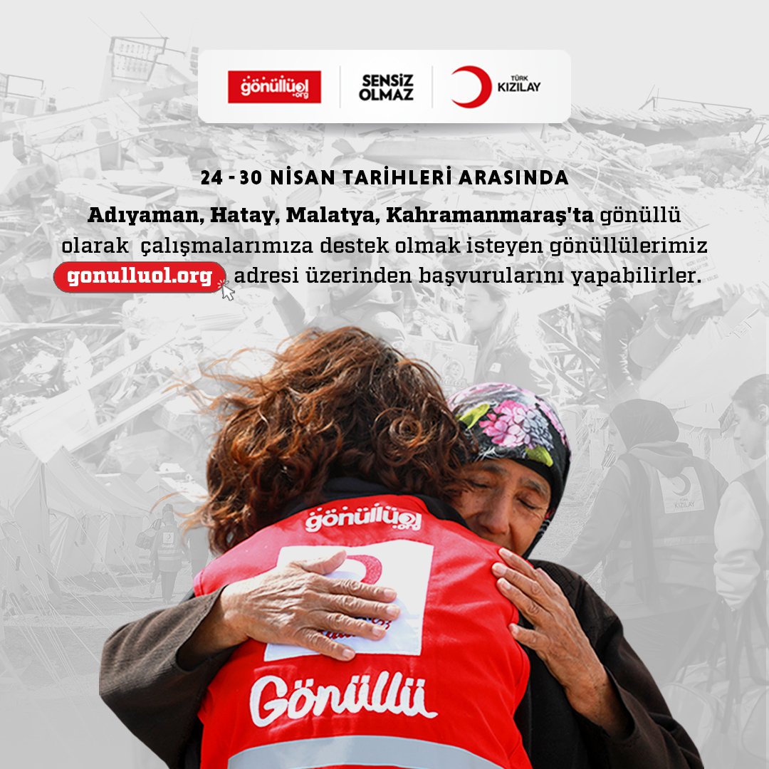 24-30 Nisan tarihlerinde deprem bölgelerinde gönüllü olarak görev yapmak ister misiniz? 

🔻İstenen şehirlere göre başvuru linkleri:

🔸Hatay: gonulluol.org/volunteering-e…
🔸Adıyaman: gonulluol.org/volunteering-e…
🔸Kahramanmaraş: gonulluol.org/volunteering-e…
🔸Malatya: gonulluol.org/volunteering-e…