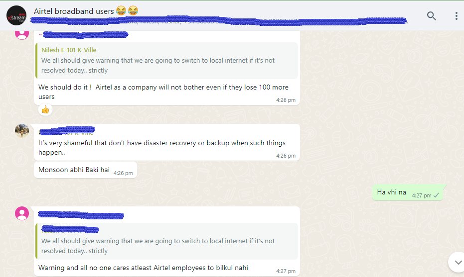 DivyaVijayPatil's tweet photo. Nothing worse than having internet down for straight 2 days now. Thought Airtel would give me best WIFI experience and a smooth customer service.
To my surprise the local provider is giving these experience better than Airtel. #airteldown
@Airtel_Presence @airtelbank @airtelindia https://t.co/UQ9MBUkTpu