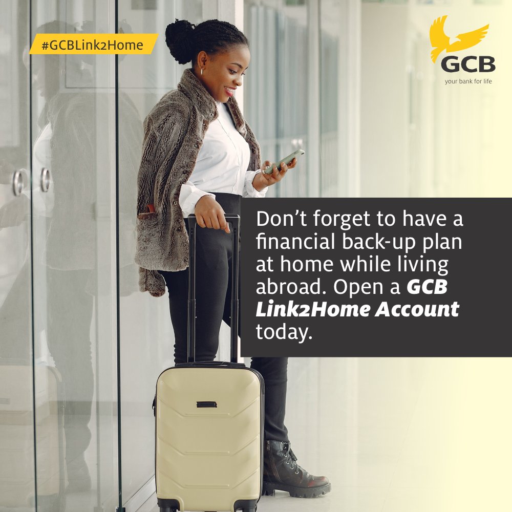 GCBBankPLC's tweet photo. Have a financial back-up plan back home while trying to make ends meet abroad. A GCB Link2Home Account will help you achieve that.

Learn more: https://t.co/xpm3lIqjIA

#link2Home #Savings #Investments #GCB #YourBank4Life https://t.co/Ti3KQAamU8