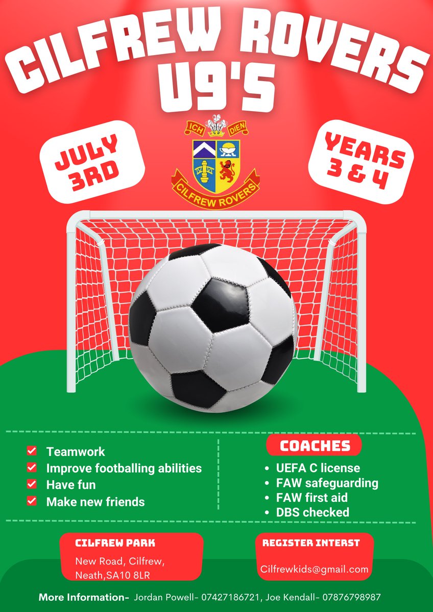 Cilfrew_roverrs's tweet photo. CILFREW ROVERS U9’S🙌🏻

Thank you for everyone that responded to our previous post, we will be launching our newly formed Under 9’S this summer ahead of next season⚽️

All details below 👇🏻 , please reach out for further details. 

🔴🐮⚪️ https://t.co/ntBkA8Uf9X