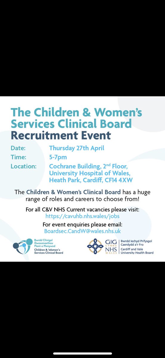 Really looking forward to our exciting Children and Women’s Clinical Board recruitment event Thursday 27th April 5pm-7pm here in UHW. Please share widely- many great job opportunities across all areas @CV_UHB @cavcw @Health_Charity