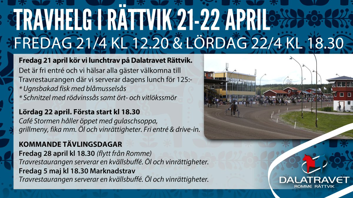 Trav i dagarna två på Rättvik till helgen. Lunchtrav fredag 21 april med första start kl 12.20 samt kvällstrav lördag kväll med första start kl 18.30! Fri entré % drive-in båda dagarna. Välkomna!