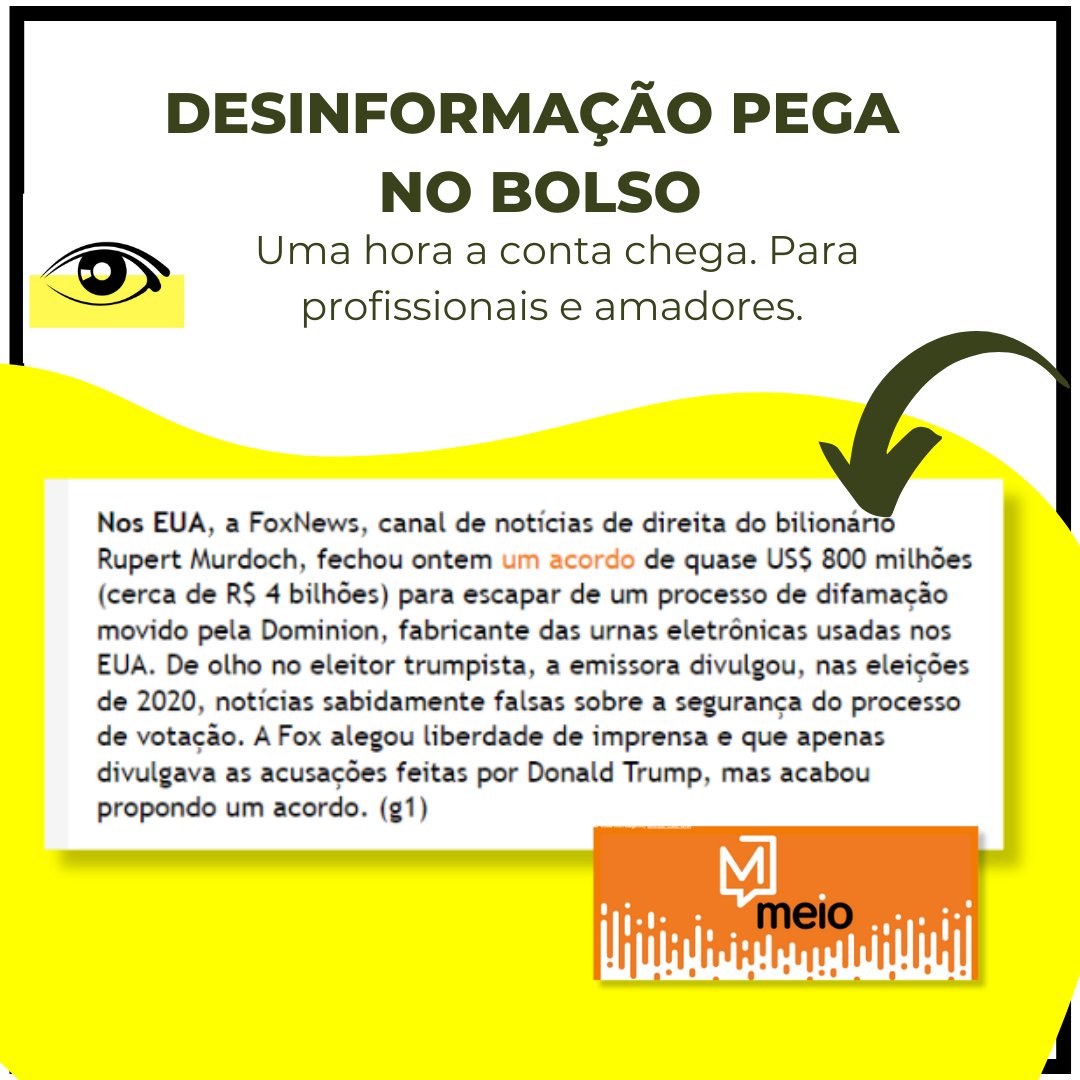 conspiratorios's tweet photo. Enquanto a Educação Midiática não atinge a todos, o cerco continua se fechando pelo bolso. FoxNews multada em 800 milhões de dólares por informações falsas noticiou o Canal Meio do @pedrodoria. Se quiser conhecer: https://t.co/3OkEXamBtC
. https://t.co/ENkDZbMIje