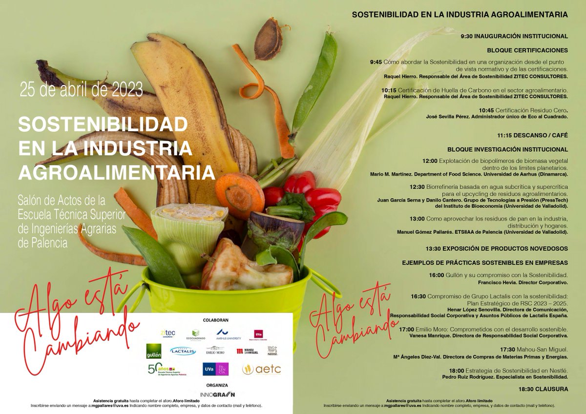 UVa Campus de Palencia (@uvapalencia) on Twitter photo 🥕 Jornada sobre sostenibilidad en la industria agroalimentaria: 'Algo está cambiando' 🍆
🗓 Martes 25 de abril
📌 Salón de actos de la <a href="/ETSIIAAPalencia/">ETSIIAA Palencia</a>
Encontrarás el programa en bit.ly/3UO3l6k
#campuspalencia #sostenibilidad #sostenible #industriaagroalimentaria 🥕 Jornada sobre sostenibilidad en la industria agroalimentaria: 'Algo está cambiando' 🍆
🗓 Martes 25 de abril
📌 Salón de actos de la <a href="/ETSIIAAPalencia/">ETSIIAA Palencia</a>
Encontrarás el programa en bit.ly/3UO3l6k
#campuspalencia #sostenibilidad #sostenible #industriaagroalimentaria