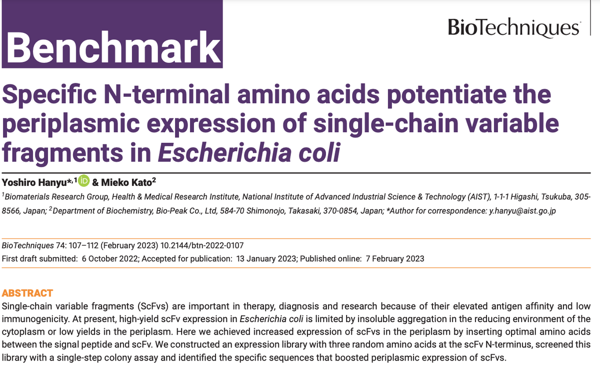 MyBioTechniques's tweet photo. 🔬🚨 New Publication Alert 🚨🥼
Researchers published a Benchmark describing the construction of an #ExpressionLibrary that was used to identify specific sequences to boost periplasmic expression of scFvs >>>.
https://t.co/iu7EPspPmB https://t.co/izMaEzBgyF