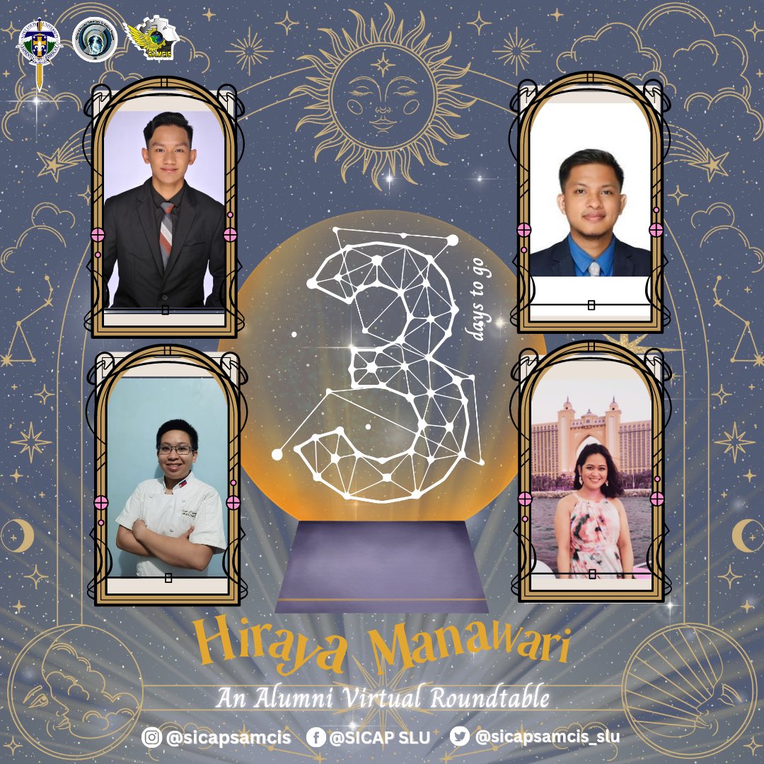 sicapsamcis_slu's tweet photo. Hiraya Manawari: An Alumni Virtual Roundtable โจ๐ซ
Presenting the Stars of the Event!๐โญ๏ธ
#SICAPSLU #SLU #HirayaManawariAAR #HirayaManawari #alumni #alumniroundtable https://t.co/susMA45UJi