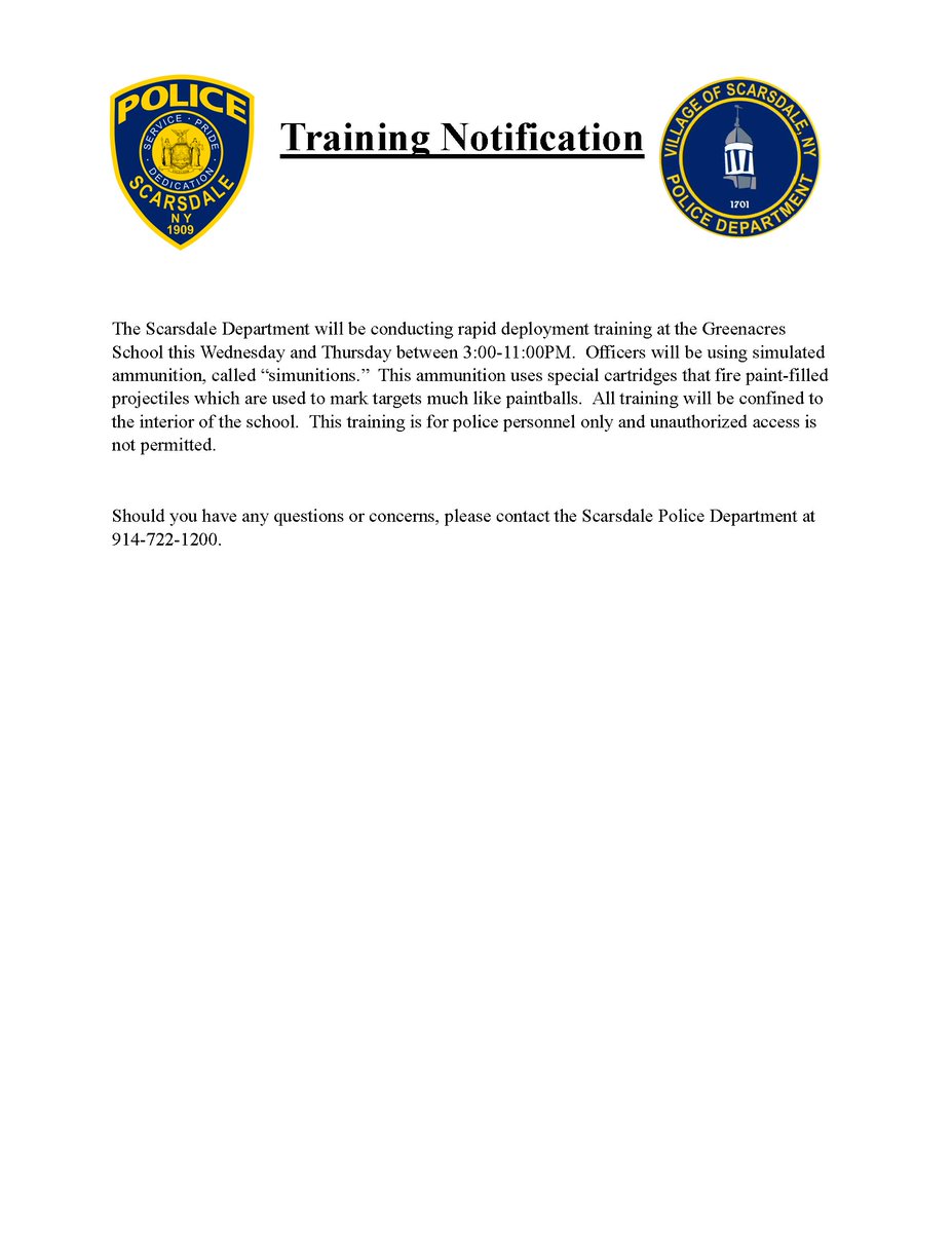 scarsdalepolice's tweet photo. Officers from the Scarsdale Police Department will be training at the Greenacres School.  See below for information. https://t.co/7HX86pIx8c