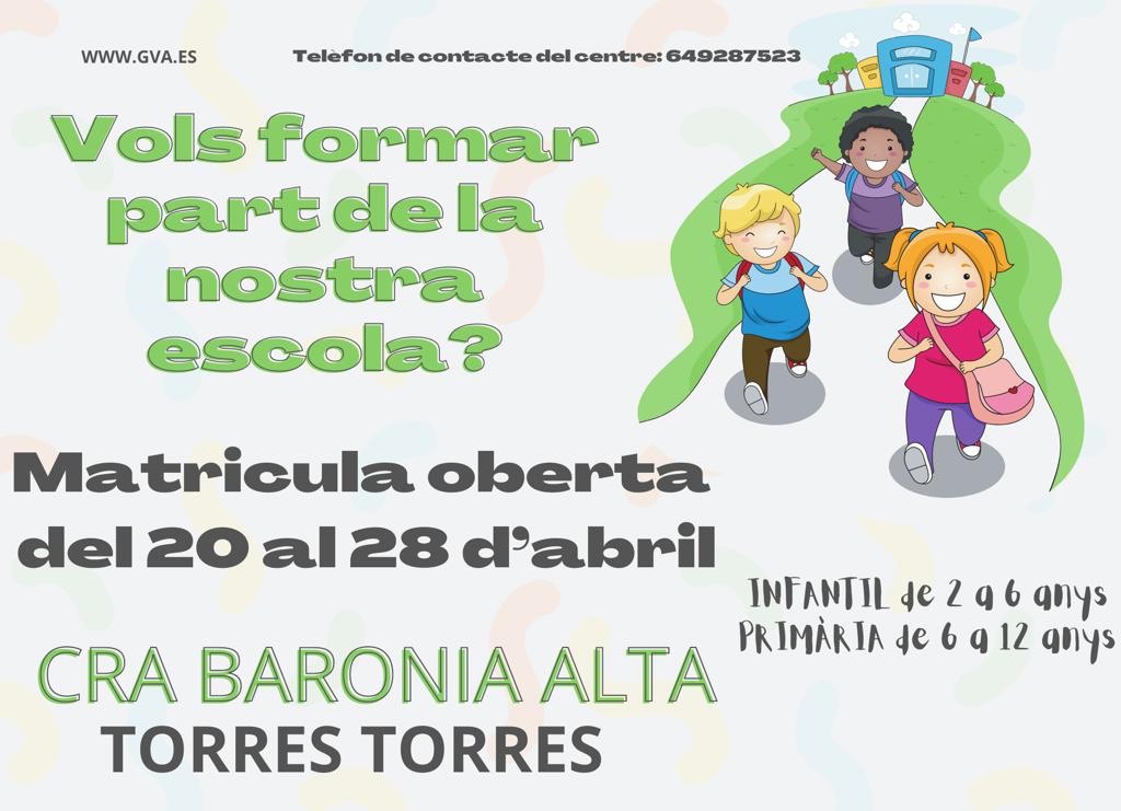 Se informa a les famílies que tinguen interés en matricular a l'escola als seus fills/filles per al curs 2023-2024 que el termini de matriculació és del 20 al 28 d'abril. És farà telemàticament i es poden matricular tots i totes els nascuts/nascudes a partir de l'any 2021.