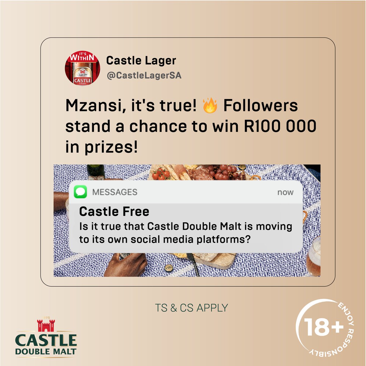 DoubleMaltSA's tweet photo. #CastleDoubleMalt moving to its own social media platforms is #ExtraSmooth! 🍻 Follow @DoubleMaltSA and you could win your share of R100 000 in prizes! 😀 T’s &amp; C’s Apply. https://t.co/FEw4OjqG6Y https://t.co/TozOUfThnR