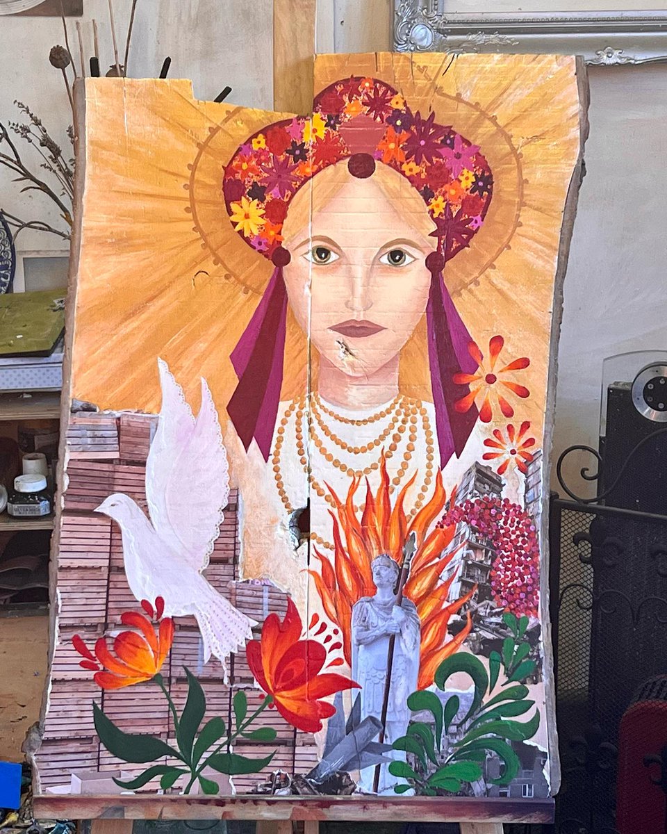 Wonderful finished painting by my student Alexa Bartra, reflecting on the war in #ukraine #peace #war #ukrainewar #cnd #quakers