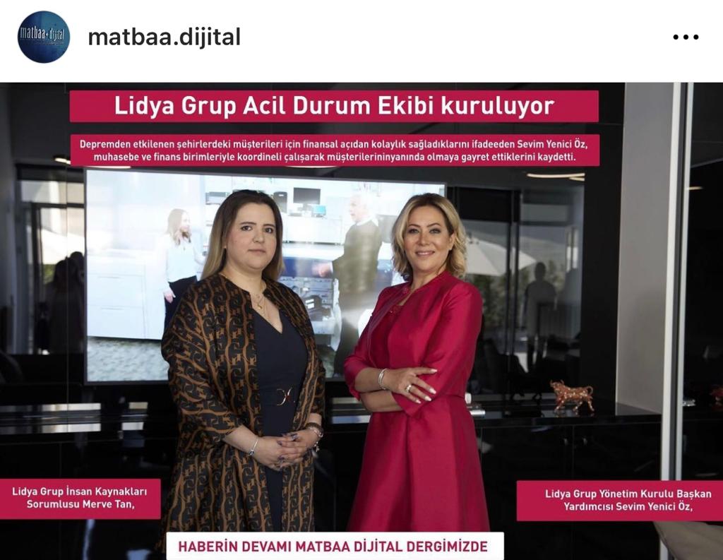 grup_lidya's tweet photo. Basında #LidyaGrup:
#Haber:
"Lidya Grup, Acil Durum Ekibi kuruluyor...
Lidya Grup destek çalışmalarımızla ilgili haberimizin devamını okuyacağınız link:
https://t.co/LgVwnpg7QG
Sevim Yenici Öz @oz_yenici  , Merve Tan
#lidyagrup #haber #deprem #destek #matbaadijitaldergisi https://t.co/GZuTHSEuMa