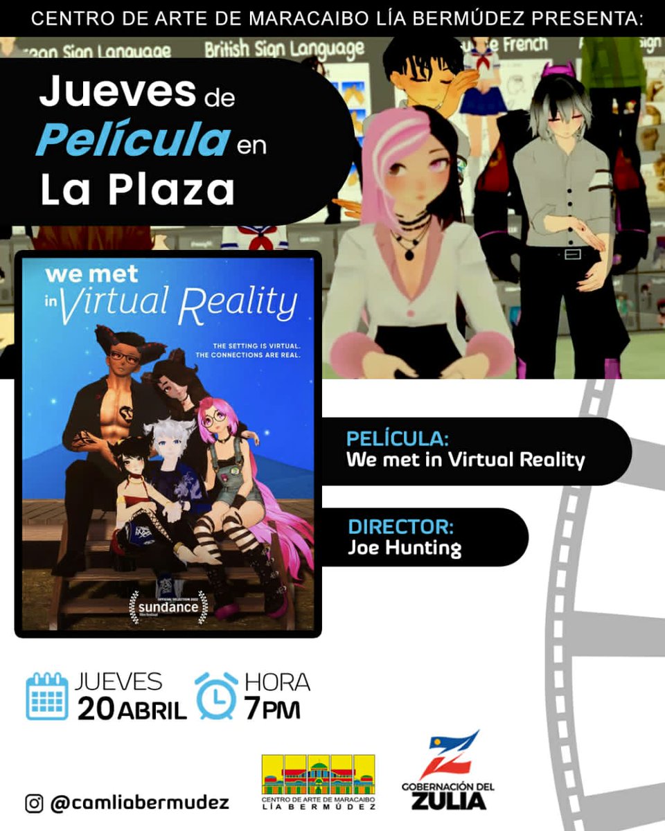 El Centro de Arte de Maracaibo "Lía Bermúdez" y la Direccion de Cine CAMLB, los  invita al estreno presencial del largometraje NOS CONOCIMOS EN LA REALIDAD VIRTUAL (2022)

🗓️ Jueves 20 de Abril de 2023⁣⁣
🕕 7:00 p.m.⁣⁣
📍 Plaza Baralt ⁣
🎫 Entrada Libre⁣