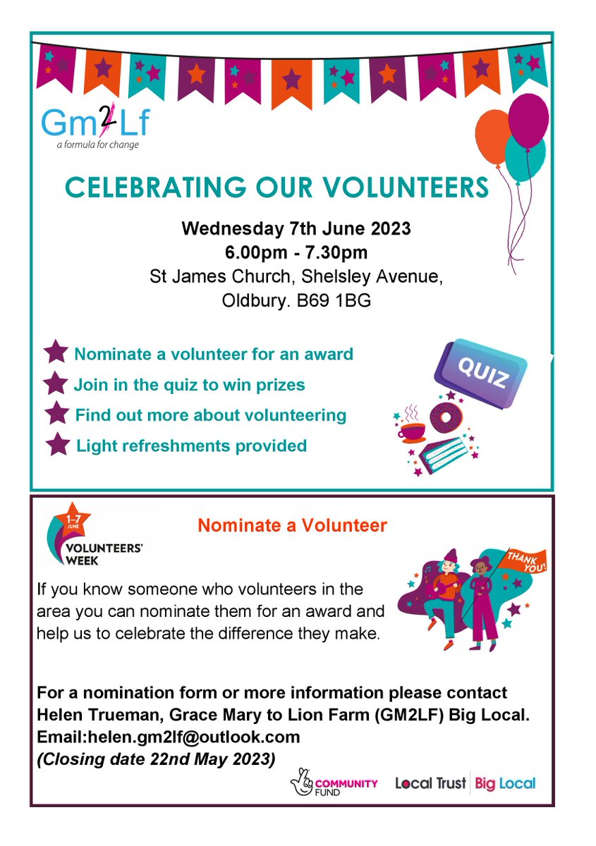 Join the fun and help us celebrate our amazing volunteers on Wednesday 7th June, 6pm at St James Church.  To nominate a volunteer email Helen, details on flyer. #volunteersweek2023 #volunteers #volunteering #biglocal #StJames #LionFarmOldbury
