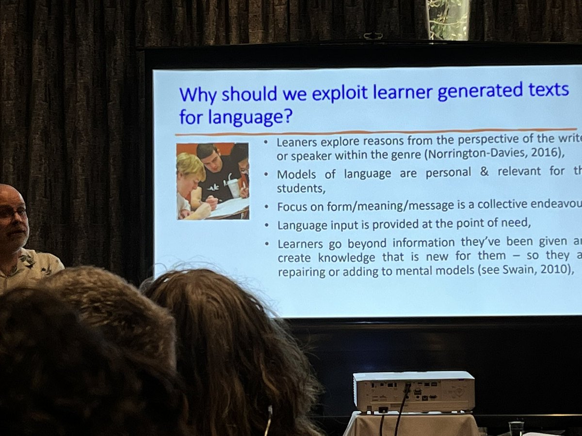 elteducator's tweet photo. Why should we exploit learner generated texts for language - Danny Norrington-Davies explaining how working with emergent language in practice @PavilionELT #iatefl #workingwithemergentlanguage https://t.co/AMHVFwQ2gI