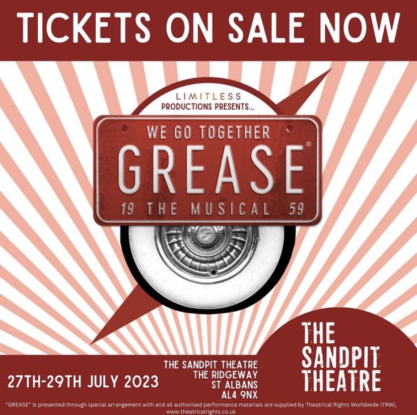Tickets for ‘Grease: The Musical’ are officially ON SALE NOW! 🎉

‘Grease: The Musical’ will run at The SandPit Theatre from 27-29 July. Get your tickets below 👇 
shorturl.at/exEU5

#greasethemusical #greasestalbans #hertfordshire #musicaltheatre #stalbans