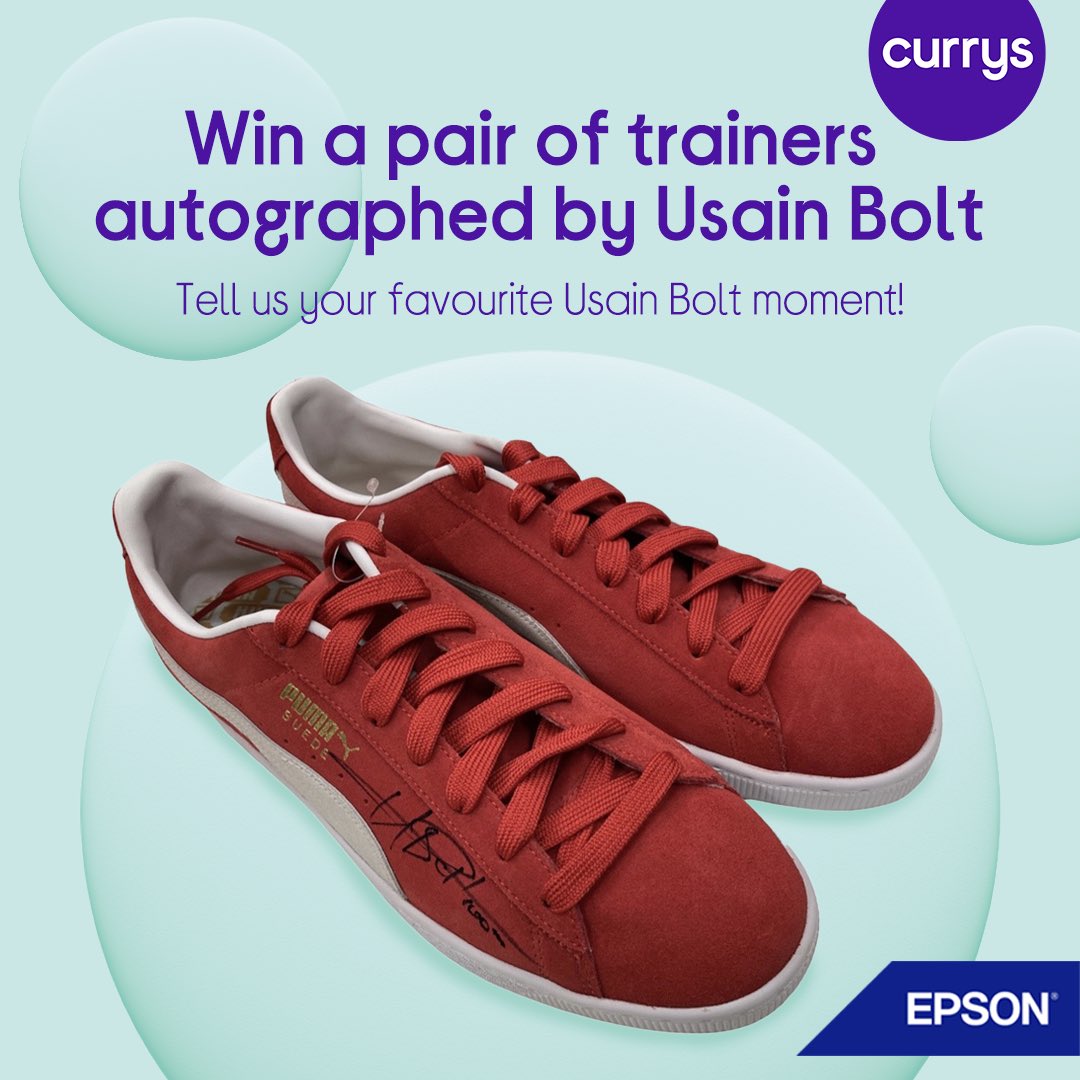 currys's tweet photo. In partnership with @EpsonUK, we’re giving away a pair of trainers signed by Epson ambassador @UsainBolt! #EcoTank #ReadyPrint

To enter, like this post, follow @Currys &amp; let us know your favourite Usain Bolt moment 👇 

Comp closes 23/04 https://t.co/VesaFEAy3l