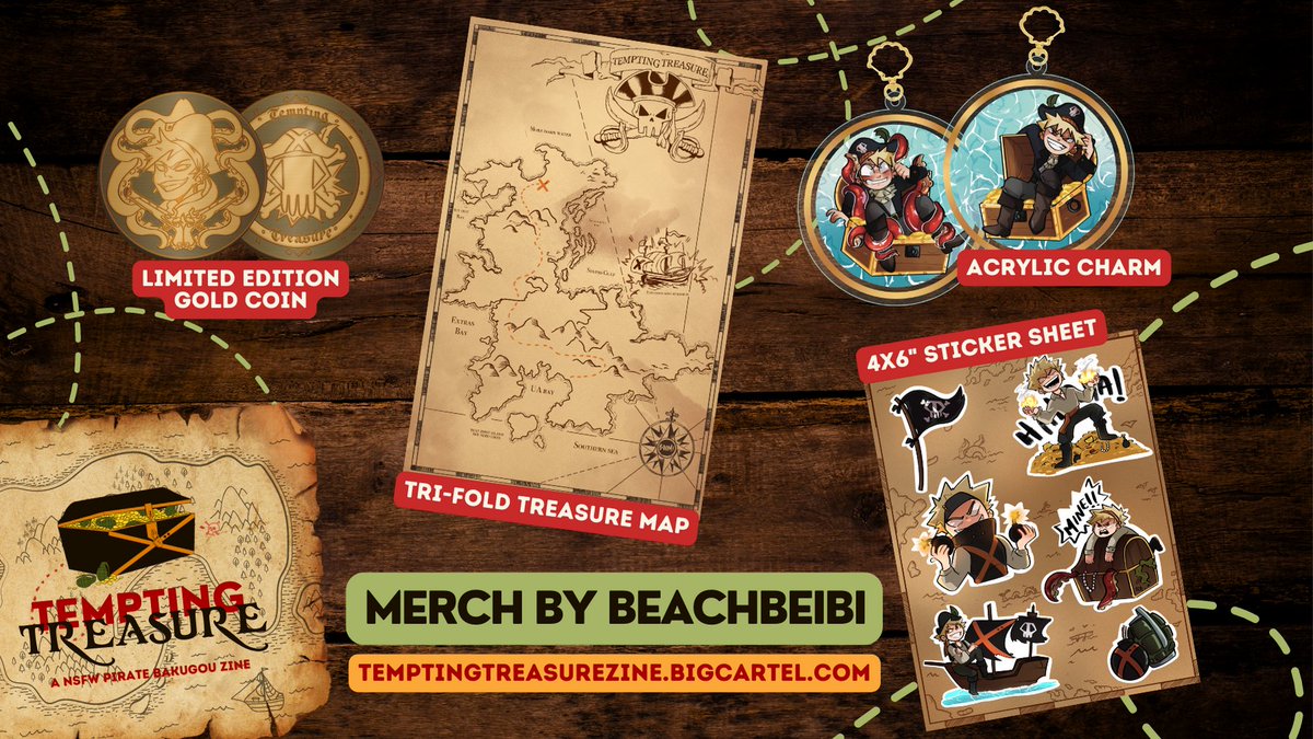 PirateBakuZine's tweet photo. There be a real treasure trove waitin' for ye, thanks to @BeachBeibi 🐙  

You'll be findin' their stickersheet, gold-edged charm and treasure map in many o'bundles... but that gold pirate coin be in limited supply!  

Go get yer booty! Only 14 left!
🗺️  https://t.co/WCRlXy8rb1 https://t.co/qoEDulMXP1