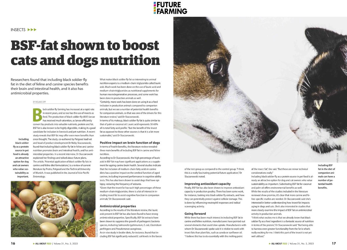 Protix_official's tweet photo. Dog &amp; cat foods using insects are on the rise, and for good reasons. Read this article about BSF-fat shown to boost cats and dogs nutrition by Melanie Epp  @AllAboutFeed https://t.co/tukblKLGKh