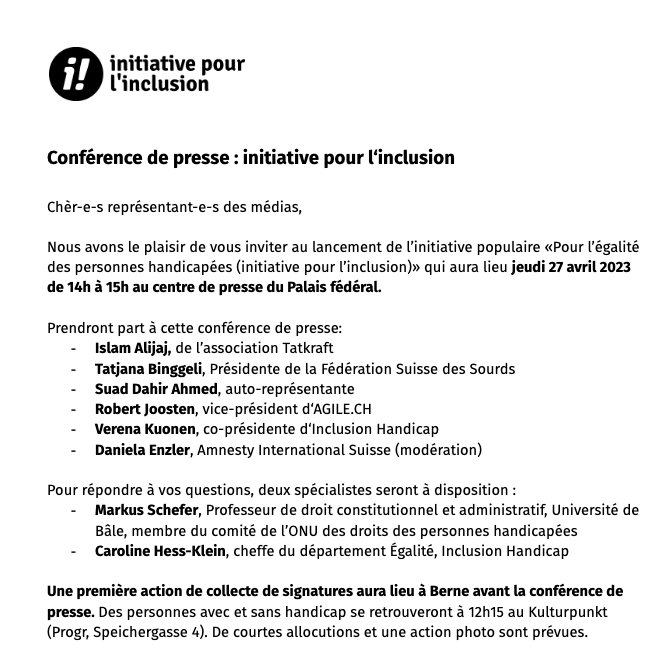 InklusionCH's tweet photo. Nous sommes sur la ligne de départ : La conférence de presse pour le lancement de l'initiative sur l'inclusion débutera le jeudi 27 avril à 14:00. Elle sera retransmise en direct sur Internet. Le lien suivra ! #InitiativeInclusion https://t.co/AUulafDj0c