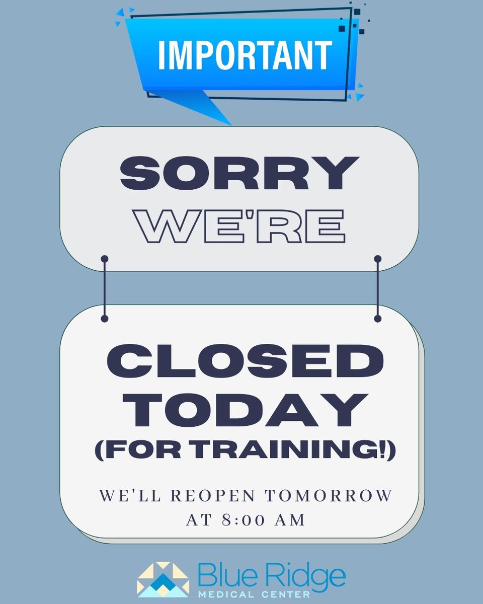 BRMedicalCenter's tweet photo. 🚨We are closed TODAY🚨

We're doing a full day of staff training off-site and we will re-open tomorrow, April 20th, at 8am!

Have a great Wednesday! https://t.co/S26Djj58sM