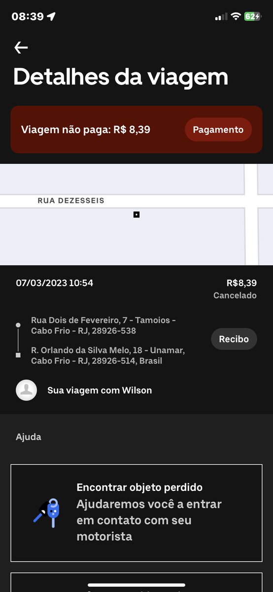 Bom dia <a href="/Uber_Brasil/">Uber Brasil</a>  <a href="/Uber_Brasil/">Uber Brasil</a> <a href="/Uber_Support/">Uber Support</a> , solicitei uma corrida no dia 07/03/2023 as 10:54. Eu nem peguei o Uber, o motorista já cobrou, nem chegou no local combinado. Peço ajuda.