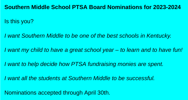 SMSKYPTSA's tweet photo. The PTSA nominating committee is accepting nominations for the @southern_middle PTSA 2023-24 officers. Election will be May 10 during our general meeting. Visit https://t.co/giJ3iPyKxk for the officer descriptions and nomination form. Volunteering is rewarding and fun! https://t.co/QCJMkyKJxp