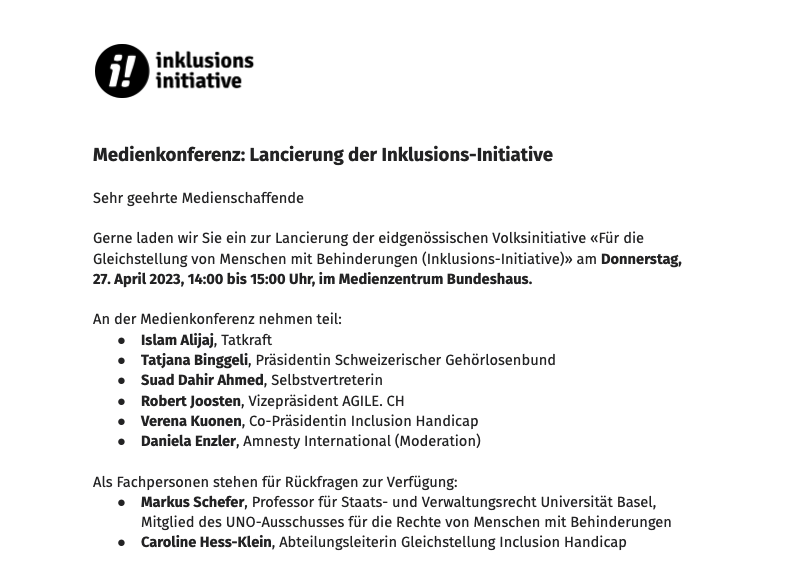 InklusionCH's tweet photo. Wir gehen an den Start! Die Medienkonferenz für die Lancierung der Inklusions-Initiative beginnt am Donnerstag 27. April um 14:00. Sie wird im Internet live übertragen. Link folgt! #InklusionsInitiative https://t.co/B8dxDPviaO