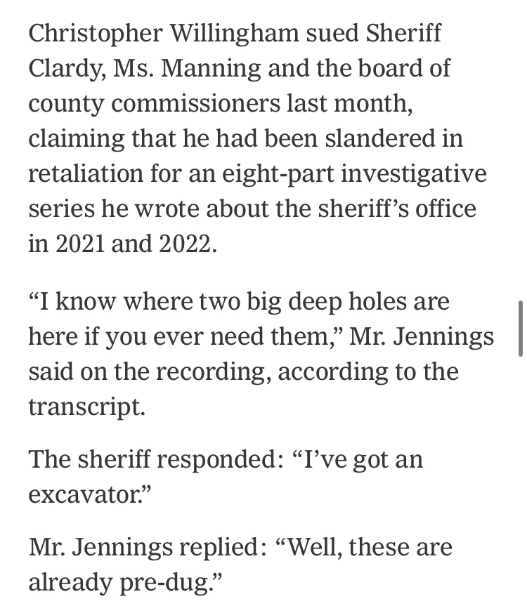 equalityAlec's tweet image. Here is a sheriff and a county commissioner caught in secret tape discussing “hanging Black people by a creek” and digging holes to bury journalists after hiring hit men who would “cut no mercy.” Because it’s America, the sheriff is investigating whoever recorded the tape.