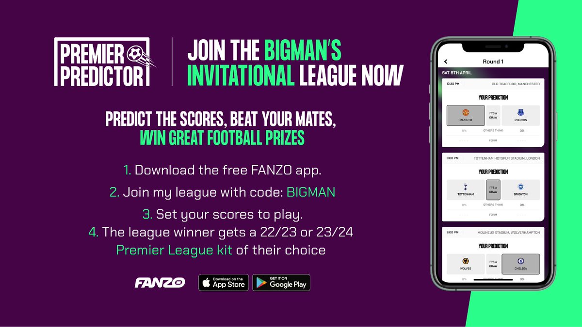 BigManBakar's tweet photo. 😔 Looking unlikely you’ll win your FPL mini-league? 

🧠 I've started a new PL prediction game for the 'run-in' where everyone's back to 0 points.

🏆 Winner takes home a kit of their choice!

👇 Download the free FANZO app to play.

📲: https://t.co/YewcW78wEO

#ad https://t.co/W82YOGBPiU