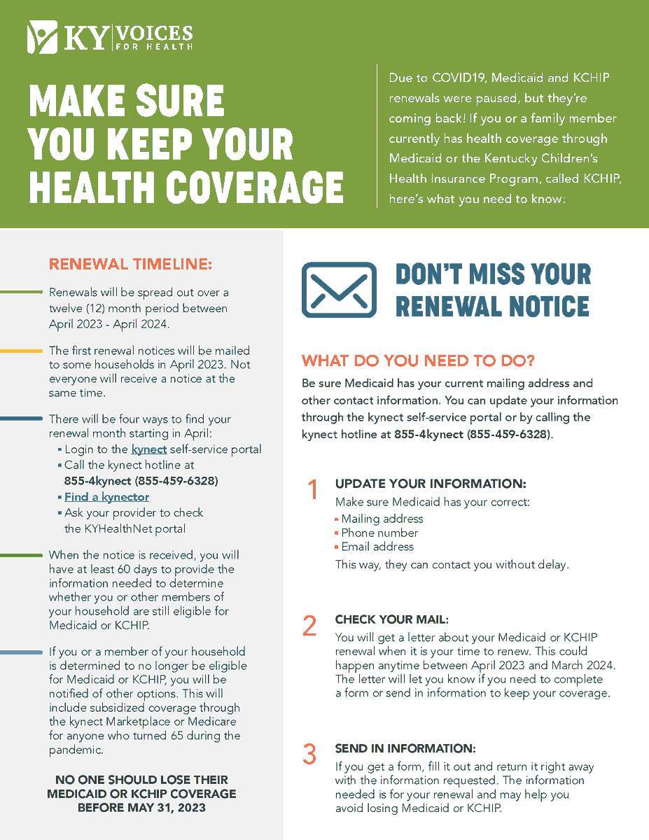 kyvoices4health's tweet photo. The #COVID19 emergency response is coming to an end. That means Medicaid and Kentucky Children's Health Insurance Program (KCHIP) renewals are returning to normal. If you or a family member currently has health coverage through #Medicaid or #KCHIP, here’s what you need to know. https://t.co/c3Cew30tKM