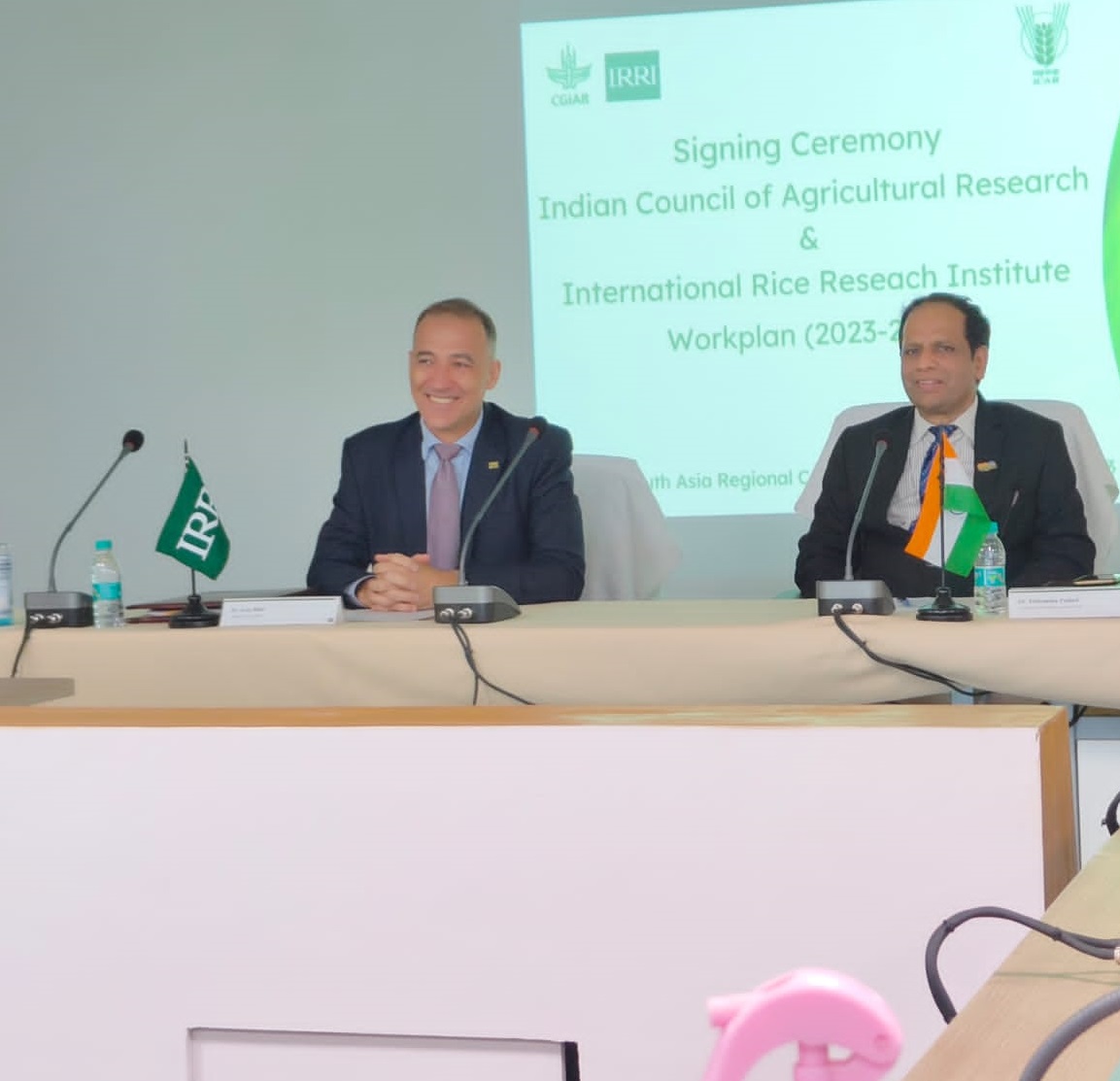 icarindia's tweet photo. ICAR signed workplan with IRRI for 2023- 2027 today. Dr Himanshu Pathak, DG, #ICAR  and Dr Jean Balié, DG, #IRRI signed the workplan for their respective organizations. @irri @CGIAR   @AgriGoI @mygovindia @nstomar @PIB_India @KailashBaytu https://t.co/FcC3pM9OZU