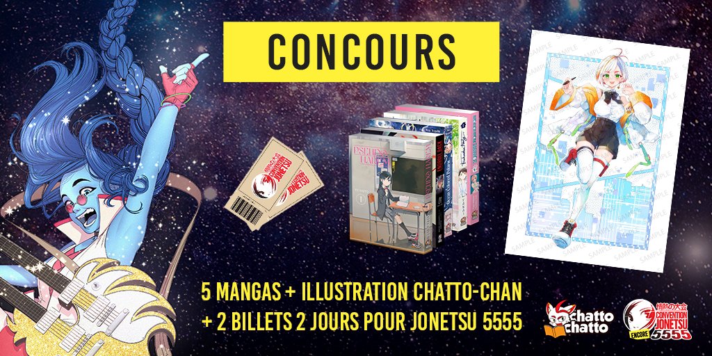 CHATTOCHATTOFR's tweet photo. [CONCOURS] ChattoChatto est encore cette année partenaire de la convention Jonetsu

Pour l'occasion tentez de gagner un joli lot. Pour participer :

- Suivez les comptes @JonetsuConv et @CHATTOCHATTOFR 
- Partagez ce post
- Invitez un ami fan de manga en commentaire

TAS : 26/04 https://t.co/MrDRrYw7Jb