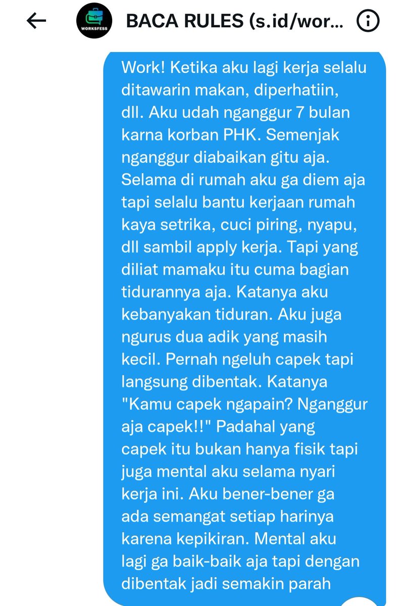 worksfess's tweet photo. Work! CW // nganggur

Tenyata gini ya rasanya. Ketika berduit disayang, nganggur disalahkan diabaikan gitu aja. Apalagi sebagai anak perempuan pertama.
Boleh doakan sender bulan ini sudah dpt kerja? terima kasih orang baik 🥹🙏🏻 https://t.co/ljioUNtdtr