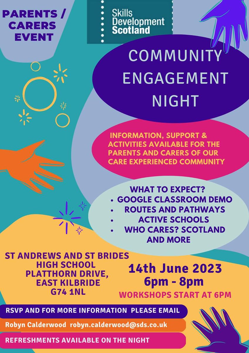 Calling all East Kilbride parents/guardians/carers of our care experienced young people.  We will be there on the night with lots of other services with info stalls, workshops and activities.  For more info or to book please email robyn.calderwood@sds.co.uk
#itsSLC #becauseofCLD