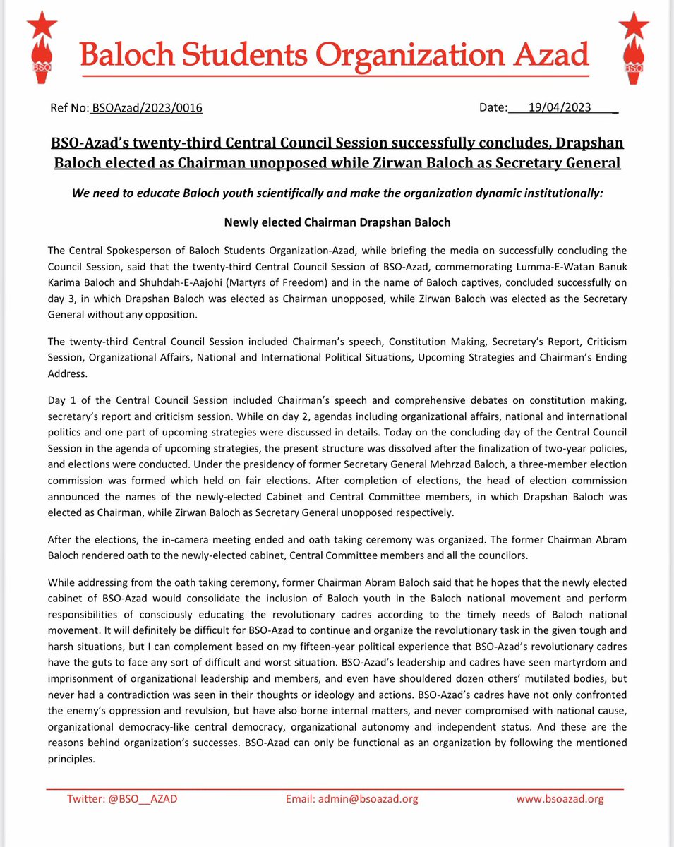 BSO__AZAD's tweet photo. BSO-Azad’s twenty-third Central Council Session successfully concludes, Drapshan Baloch elected as Chairman unopposed while Zirwan Baloch as Secretary General

#23rdCouncilSessionOfBSOAzad https://t.co/HHcwAIjZpv