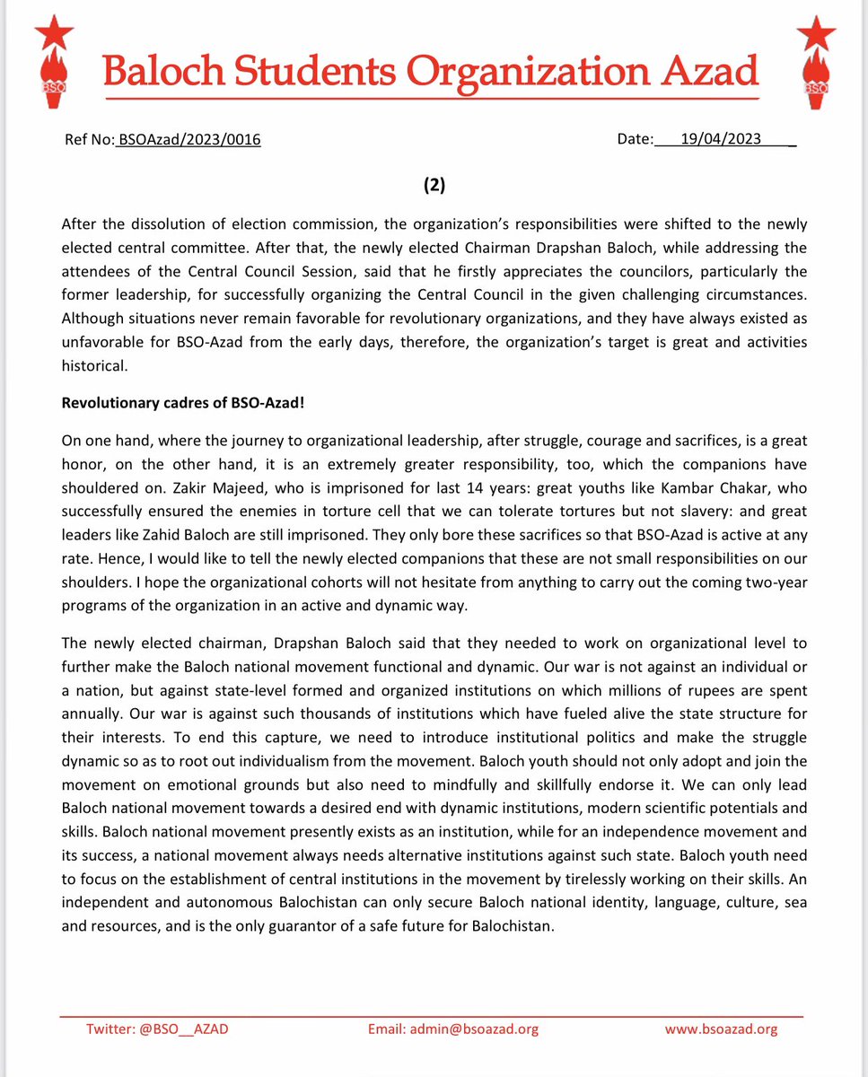 BSO__AZAD's tweet photo. BSO-Azad’s twenty-third Central Council Session successfully concludes, Drapshan Baloch elected as Chairman unopposed while Zirwan Baloch as Secretary General

#23rdCouncilSessionOfBSOAzad https://t.co/HHcwAIjZpv