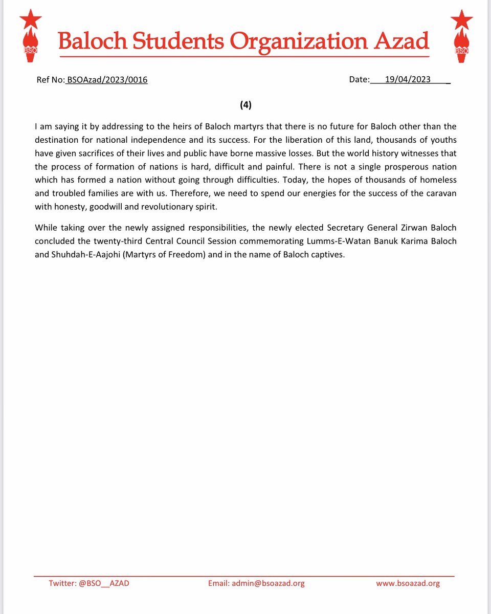 BSO__AZAD's tweet photo. BSO-Azad’s twenty-third Central Council Session successfully concludes, Drapshan Baloch elected as Chairman unopposed while Zirwan Baloch as Secretary General

#23rdCouncilSessionOfBSOAzad https://t.co/HHcwAIjZpv